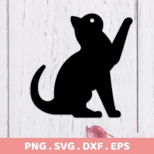 Black cat silhouette SVG Cricut design of a playful kitten sitting and reaching up, offered as a digital download bundle including SVG and PNG formats.