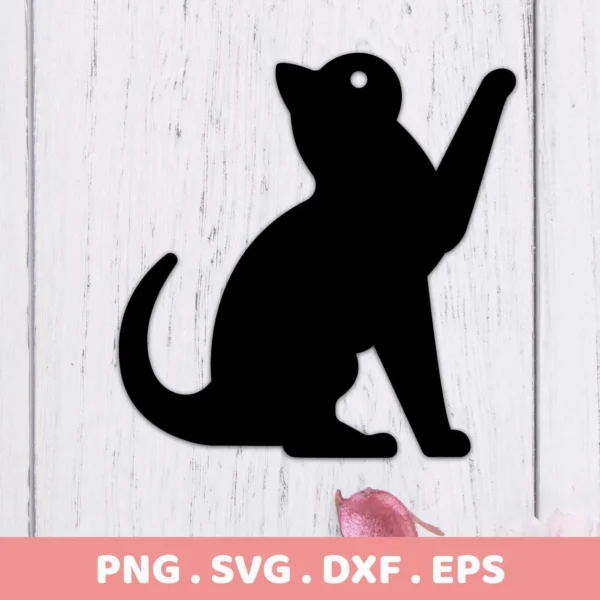 Black cat silhouette SVG Cricut design of a playful kitten sitting and reaching up, offered as a digital download bundle including SVG and PNG formats.