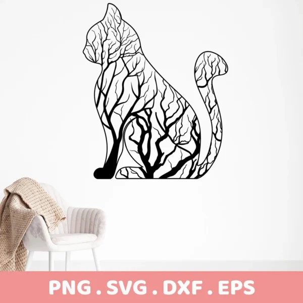 Black silhouette of a seated cat filled with a bare tree design, representing a "Tree Cat SVG Design" available as a digital download bundle (SVG, PNG).