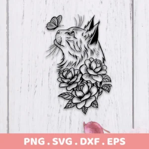 Black and white line art of a cat looking up at a butterfly, with roses at its chest, representing a Cat Butterfly Roses SVG File digital download bundle.