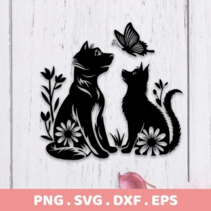 Silhouette of two cats, one looking up at a butterfly, with floral accents, presented as a digital download bundle (SVG, PNG).