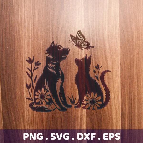 Cats Butterfly Silhouette SVG File: Two stylized cats with floral accents look up at a butterfly, presented as a digital download bundle (SVG, PNG).