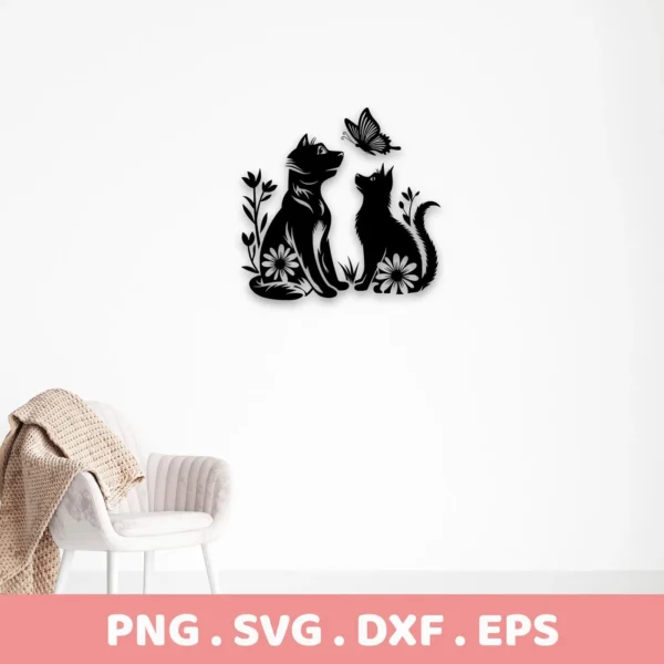Silhouette of two cats with floral accents and a butterfly, a digital download bundle including SVG and PNG files.