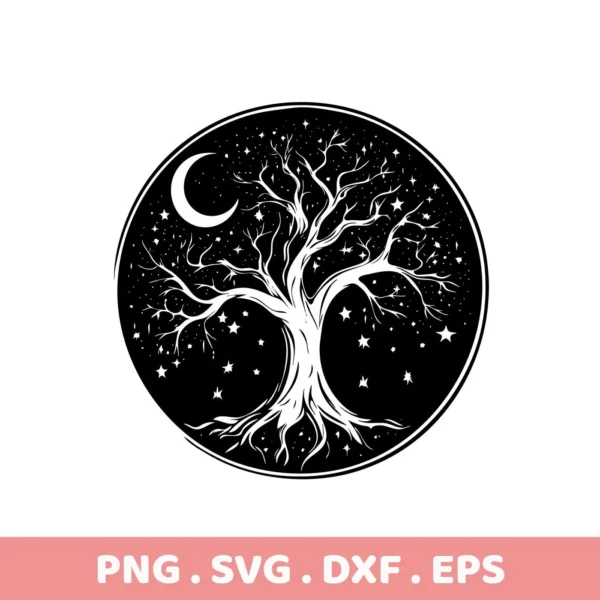Black and white illustration of a Mother's Tree SVG Design, a digital download bundle (SVG, PNG), featuring a tree silhouette against a night sky with stars and a crescent moon, all within a circular frame.