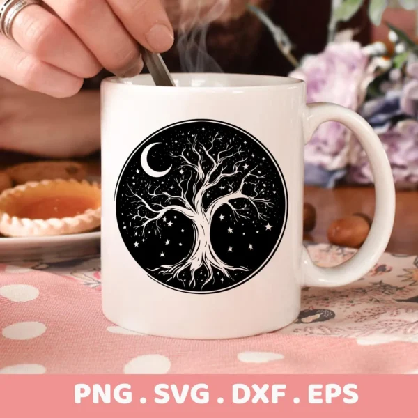 Close-up of a white mug featuring a "Mother's Tree SVG Design," a celestial tree silhouette with a moon and stars, indicating a digital download bundle (SVG, PNG, DXF, EPS).