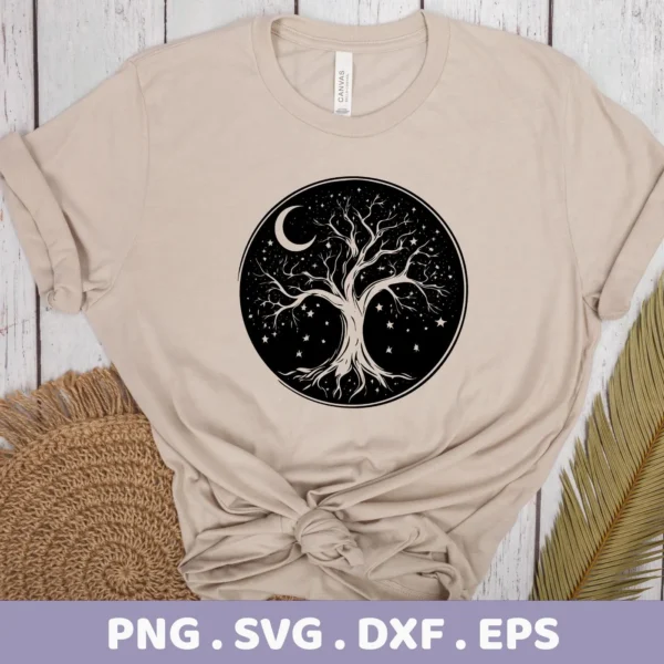A beige t-shirt displays a black circular design featuring a Mother's Tree SVG Design with a crescent moon and stars, representing a digital download bundle (SVG, PNG).