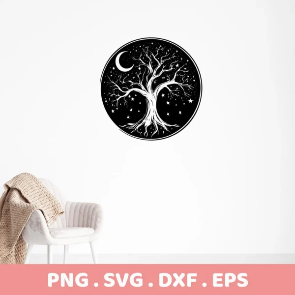 Mother's Tree SVG Design: A black and white digital download bundle (SVG, PNG) featuring a celestial tree silhouette with moon and stars inside a circular frame.
