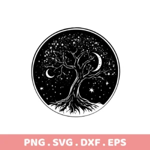 Black and white illustration of a Mother's Day Tree SVG design featuring a tree silhouette against a starry night sky with crescent moons, available as a digital download bundle including SVG and PNG formats.