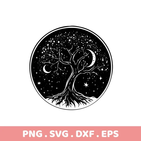 Black and white illustration of a Mother's Day Tree SVG design featuring a tree silhouette against a starry night sky with crescent moons, available as a digital download bundle including SVG and PNG formats.