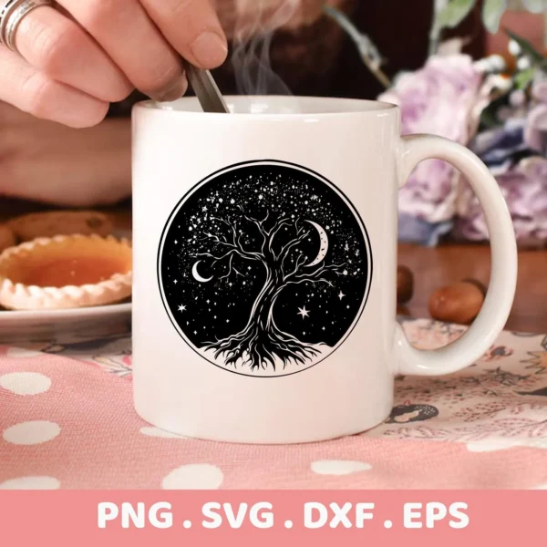 A white mug features a black circular design of a Mother's Day Tree SVG with stars and crescent moons, representing a digital download bundle including SVG and PNG formats.