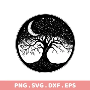 Black and white circular design featuring a Mother's Tree SVG Design with a crescent moon and stars filling the tree's canopy, available as a digital download bundle including SVG and PNG formats.