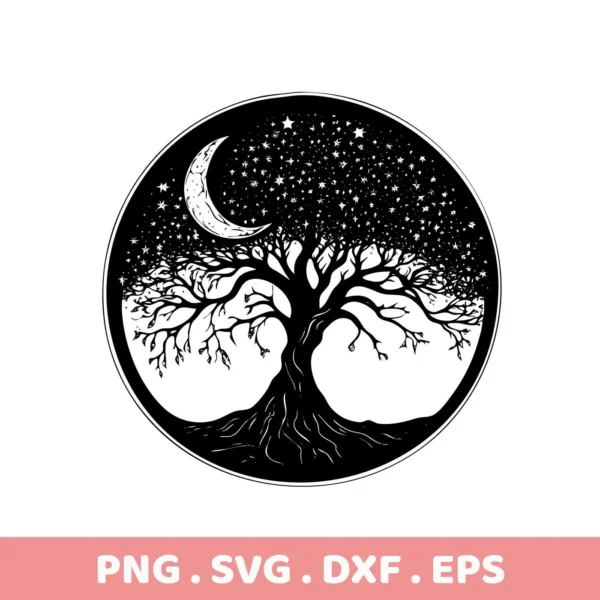 Black and white circular design featuring a Mother's Tree SVG Design with a crescent moon and stars filling the tree's canopy, available as a digital download bundle including SVG and PNG formats.
