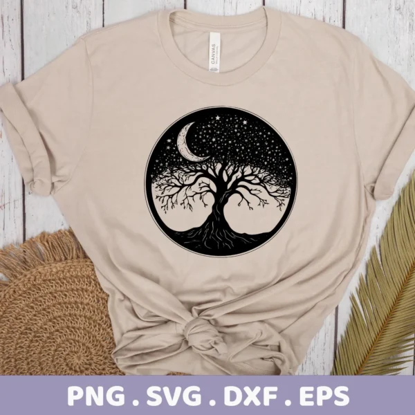 A beige t-shirt displays a black circular design featuring a Mother's Tree SVG Design with a crescent moon and stars above its branches, representing a digital download bundle (SVG, PNG).