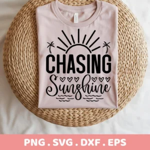 A light pink t-shirt with a "Chasing Sunshine" design featuring a sun, palm trees, hearts, and waves, presented as a digital download bundle (SVG, PNG).