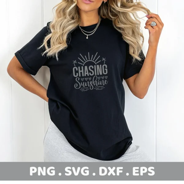 A woman models a black t-shirt with a "Chasing Sunshine" graphic design, showcasing a digital download bundle (SVG, PNG).