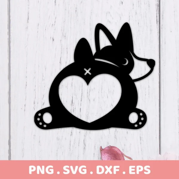 Black silhouette of a Corgi dog forming a heart shape with its body, a Corgi Heart SVG Cricut Design available as a digital download bundle including SVG and PNG files.
