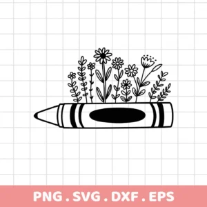 Black and white line art of a crayon with flowers growing out of it, representing a Crayon Flowers SVG Design digital download bundle (SVG, PNG).