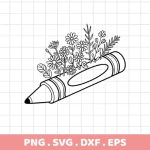 Line art illustration of a crayon with flowers sprouting from its top, representing a digital download bundle including SVG and PNG files.