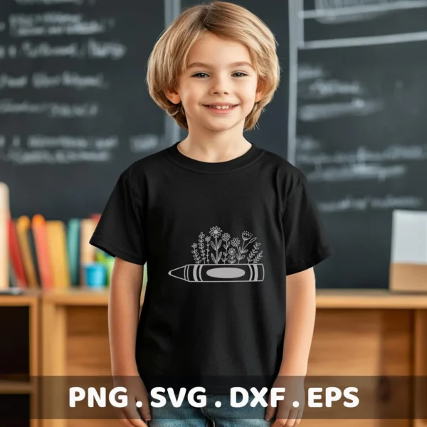 A young child models a black t-shirt featuring a Crayon Flowers SVG Design, a digital download bundle including SVG and PNG files.