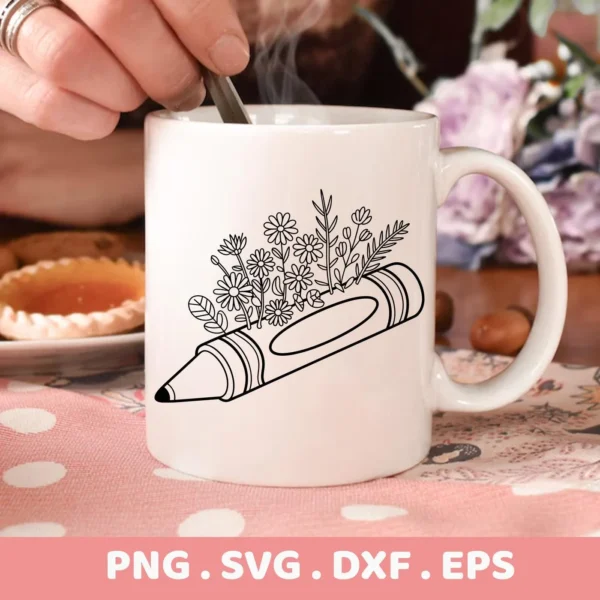 A white mug displays a black line art design of a crayon sprouting flowers, representing a Crayon Flowers SVG for Cricut, available as a digital download bundle (SVG, PNG).