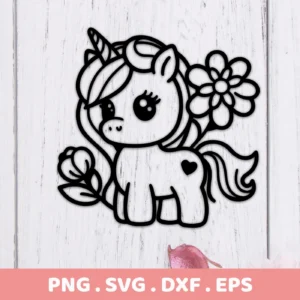 A cute, stylized black line art illustration of a unicorn with floral accents, offered as a digital download bundle including SVG and PNG formats.