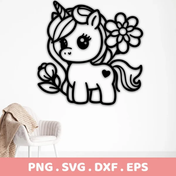 A black and white line art illustration of a cute unicorn surrounded by flowers, representing a Cute Unicorn SVG for Cricut digital download bundle including SVG and PNG files.