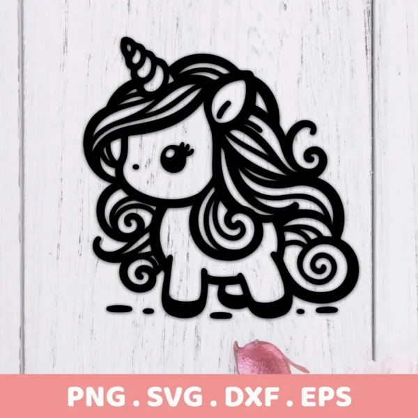 A black and white line art illustration of a cute unicorn with large eyes and flowing mane, representing a Cute Unicorn SVG Cricut digital download bundle.