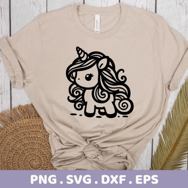 A beige t-shirt displays a black, stylized "Cute Unicorn SVG Cricut" design, representing a digital download bundle including SVG and PNG files.