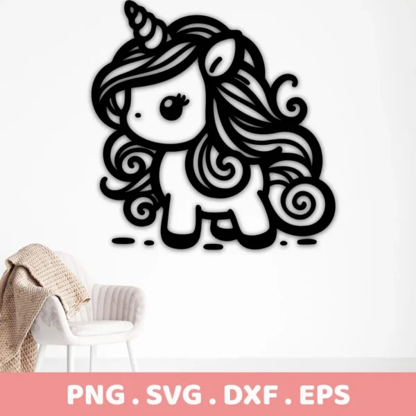 Black and white line art of a cute unicorn with stylized mane and tail, presented as a Cute Unicorn SVG Cricut digital download bundle (SVG, PNG).