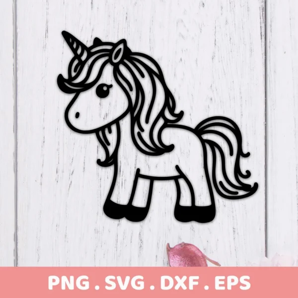 A black and white line art illustration of a Cute Unicorn SVG Cricut Design, available as a digital download bundle including SVG and PNG formats.