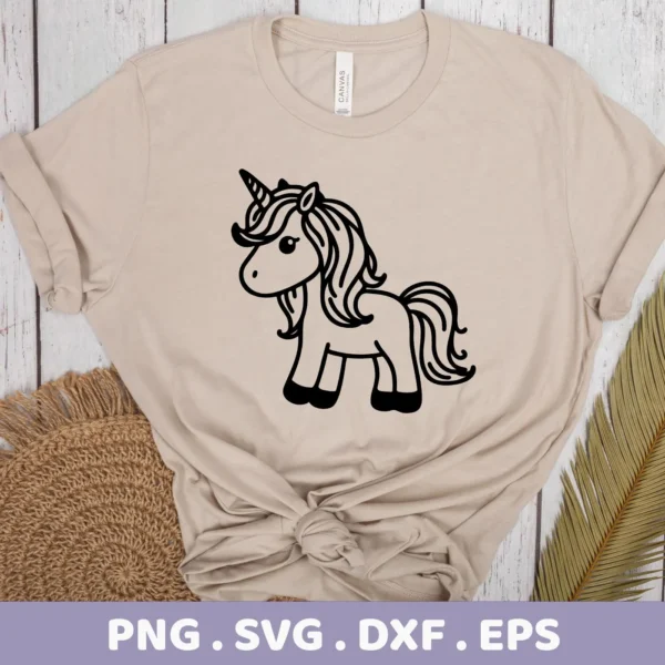 A beige t-shirt displays a black, cartoon-style Cute Unicorn SVG Cricut Design, representing a digital download bundle including SVG and PNG files.