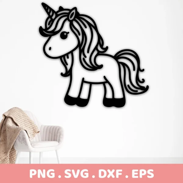 A stylized, black and white line art illustration of a cute unicorn, representing a Cute Unicorn SVG Cricut Design digital download bundle (SVG, PNG, DXF, EPS).