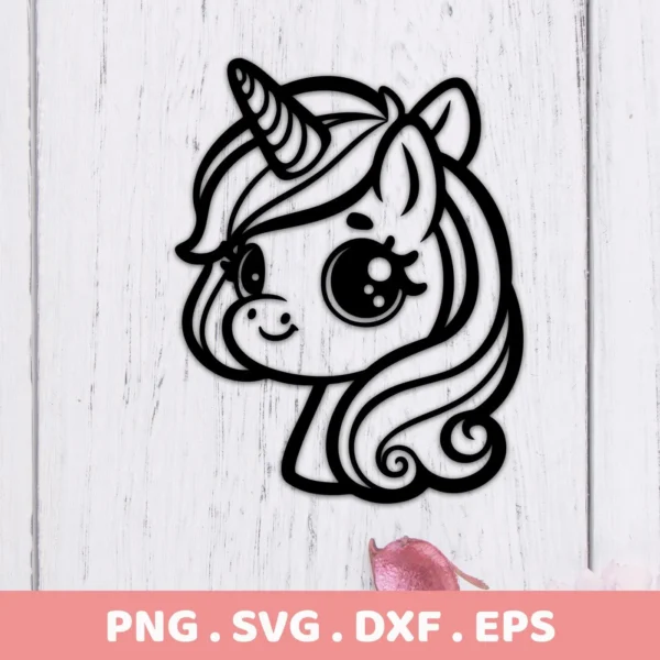 A black and white line art illustration of a cute unicorn head, part of a digital download bundle including SVG and PNG files.