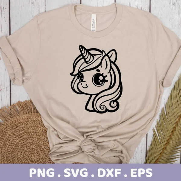 A beige t-shirt displays a black outline of a cute cartoon unicorn head, representing a digital download bundle including SVG and PNG files for Cricut designs.