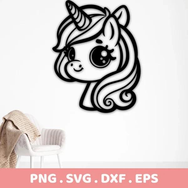 A black and white line art illustration of a cute unicorn head, designed as a Cute Unicorn SVG Cricut Design, available as a digital download bundle including SVG and PNG formats.