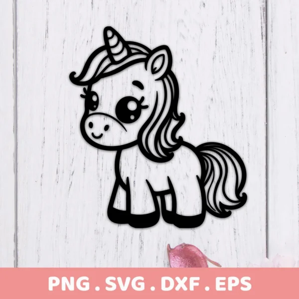 Black and white line art of a cute unicorn with large eyes and a smiling face, representing a Cute Unicorn SVG Cricut Design digital download bundle (SVG, PNG).