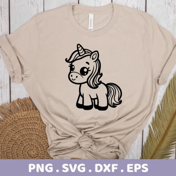 A beige t-shirt displays a cute, cartoon-style unicorn design in black outline, representing a Cute Unicorn SVG Cricut Design available as a digital download bundle (SVG, PNG, DXF, EPS).