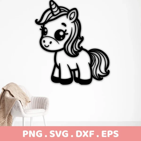 A black and white line art illustration of a cute cartoon unicorn, part of a digital download bundle including SVG and PNG files.