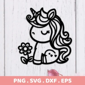A black line art illustration of a cute unicorn holding a flower, part of a Cute Unicorn SVG Cricut Design digital download bundle (SVG, PNG).