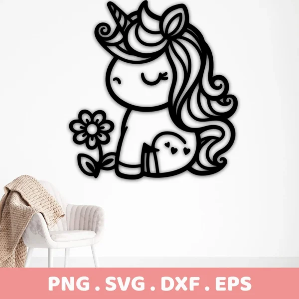Black line art of a cute unicorn SVG Cricut design holding a flower, part of a digital download bundle including SVG and PNG files.