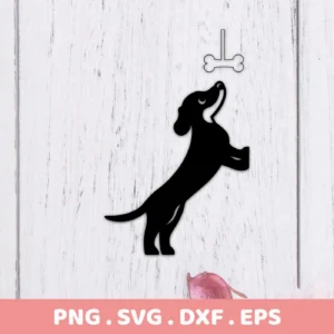 A black silhouette of a dachshund dog standing on its hind legs, reaching for a bone above its head, representing a Dachshund Bone SVG Cricut Design available as a digital download bundle (SVG, PNG).
