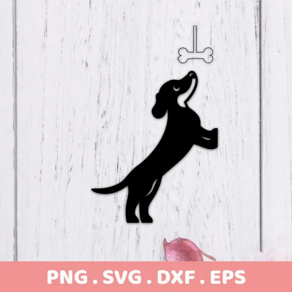 A black silhouette of a dachshund dog standing on its hind legs, reaching for a bone above its head, representing a Dachshund Bone SVG Cricut Design available as a digital download bundle (SVG, PNG).