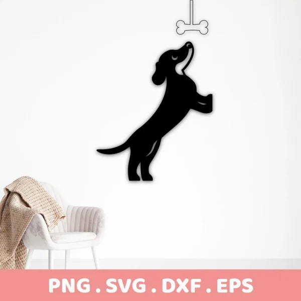 Silhouette of a dachshund dog standing on its hind legs, reaching for a bone, part of a digital download bundle including SVG and PNG files.