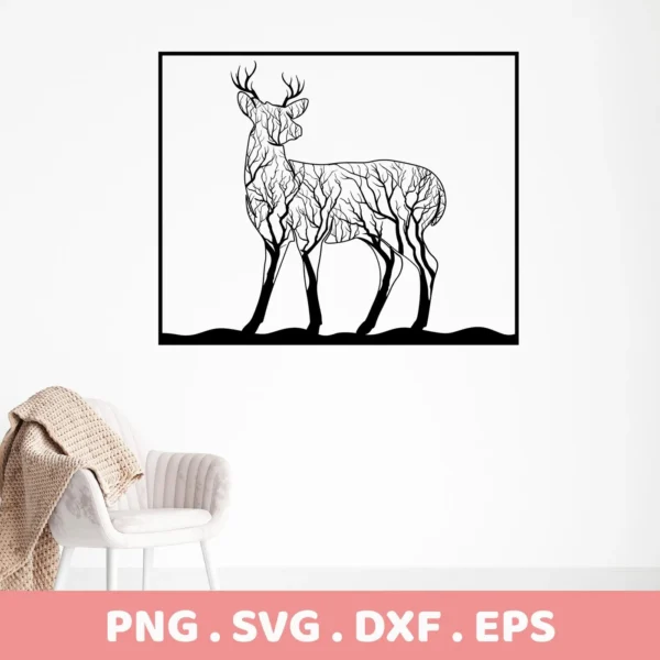 Black and white Deer Tree SVG Design, a digital download bundle including SVG and PNG files, depicting a deer silhouette filled with tree branches.