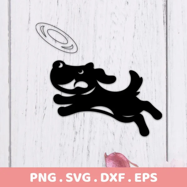 A black silhouette of a dog leaping to catch a frisbee, part of a Dog Frisbee SVG Cricut digital download bundle (SVG, PNG).