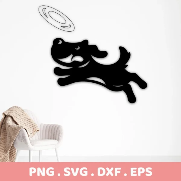 Silhouette of a happy dog leaping to catch a frisbee, part of a Dog Frisbee SVG Cricut digital download bundle including SVG and PNG files.