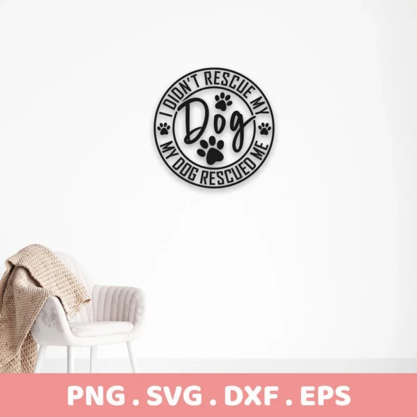 A digital download bundle featuring a "Rescue Dog SVG Cricut Design" with the saying "I didn't rescue my dog, my dog rescued me" in a circular design with paw prints, available in SVG and PNG formats.