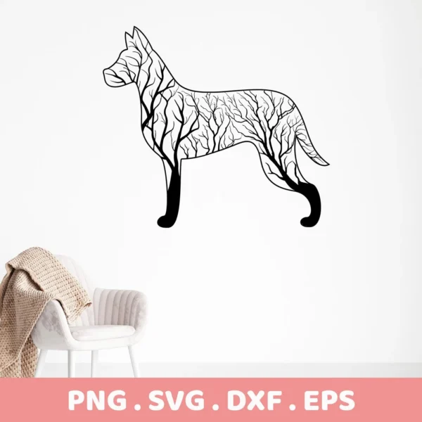 A Tree Dog SVG Design, a black silhouette of a dog filled with tree branches, part of a digital download bundle including SVG and PNG formats.