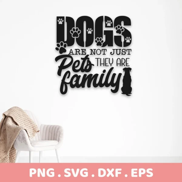 Digital download bundle featuring a "Dogs are Family" SVG Cricut design, with paw prints and a dog silhouette.
