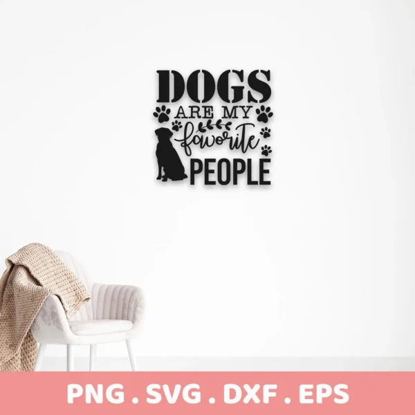Dogs Are My Favorite People SVG" digital download bundle featuring a dog silhouette and paw prints, available in SVG and PNG formats.
